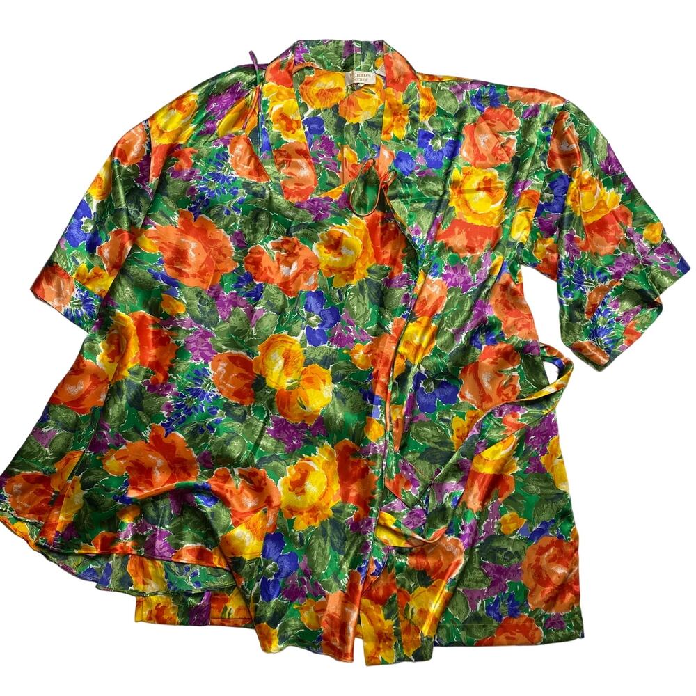 Vintage Victoria's Secret Gold‎ Label Lingerie Satin 2-Pc Slip Robe Set Floral L